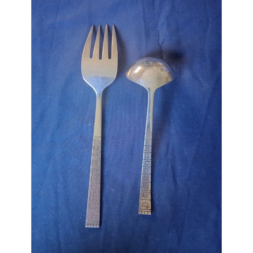 Stylecraft Japan Stainless Greek Key Pattern Handle Gravy Ladle & Meat Fork Set